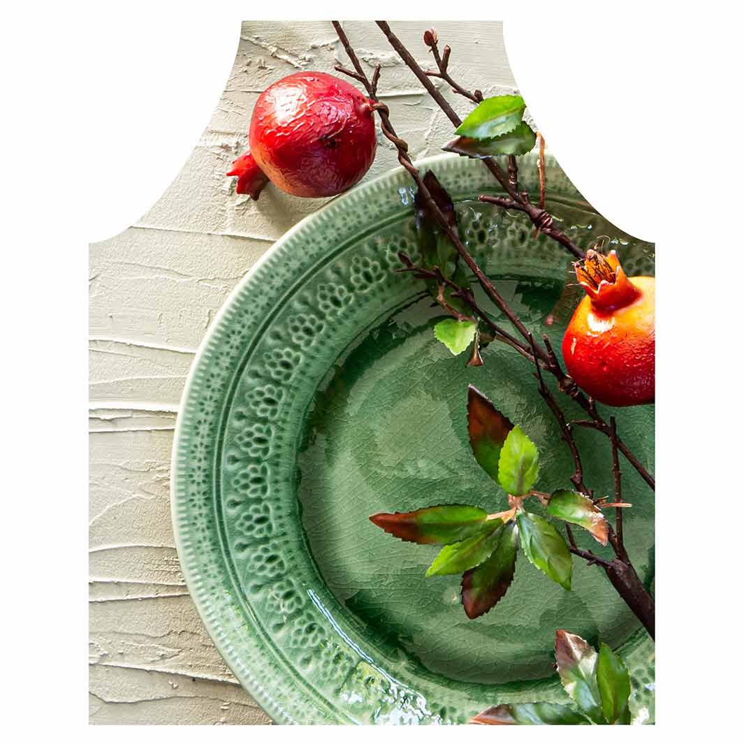 NATURAL RED POMEGRANATES ON GREEN PLATE APRON