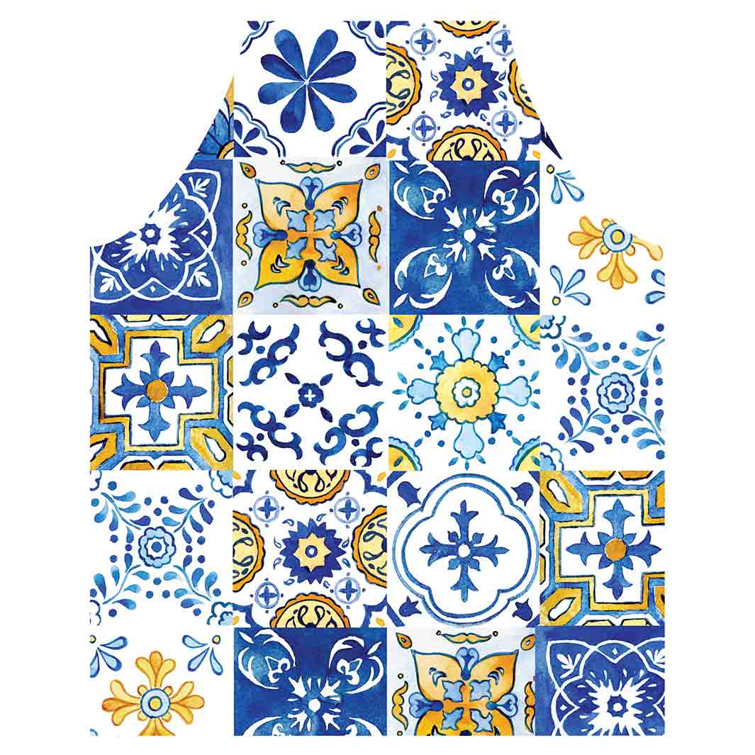 PATTERN BLUE AND YELLOW WATERCOLOUR LISBON TILE APRON