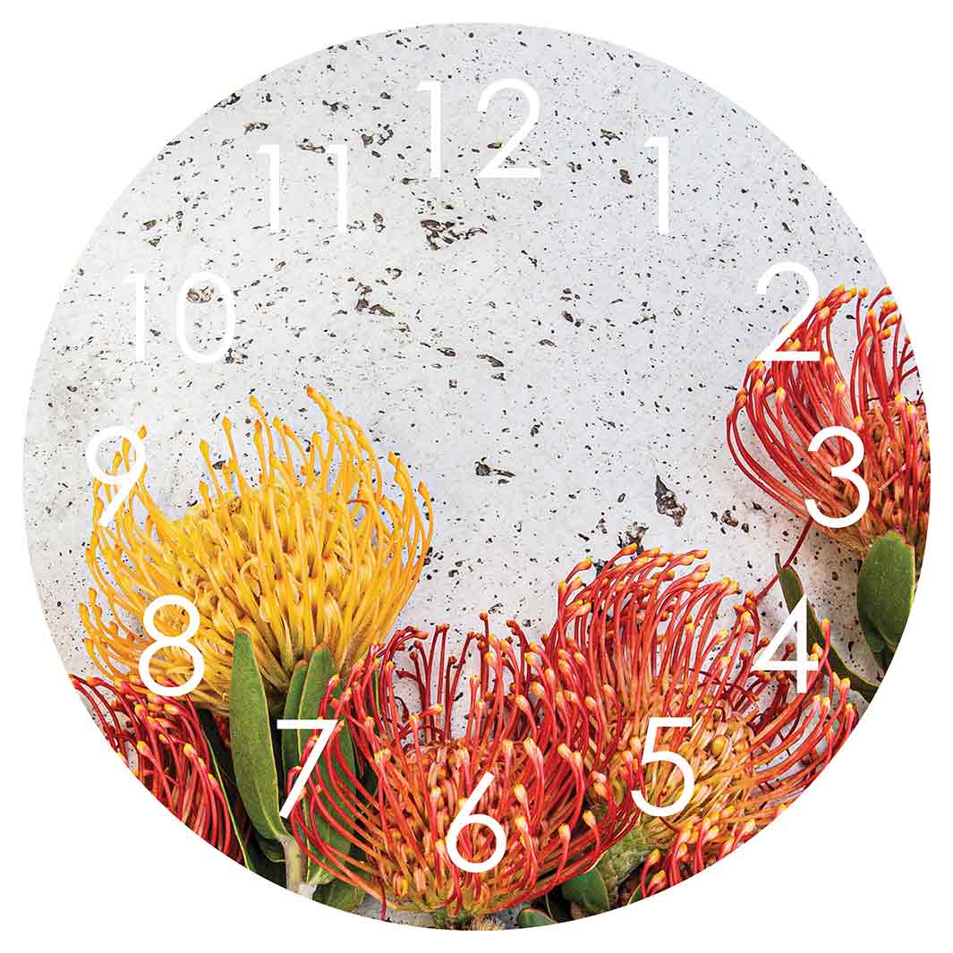 FLORAL ORANGE PIN CUSHIONS ON WHITE ROUND CLOCK