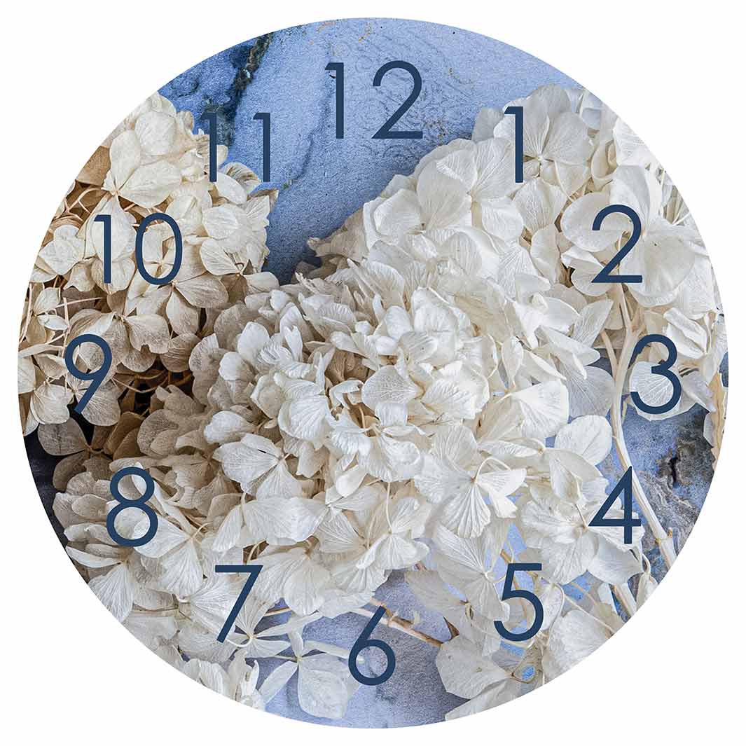 FLORAL CREAM BLEACHED HYDRANGEAS ON BLUE ROUND CLOCK