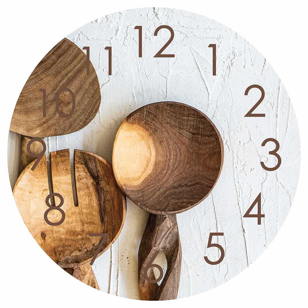 NATURAL BROWN WOODEN SPOONS ON GREY AND WHITE ROUND CLOCK