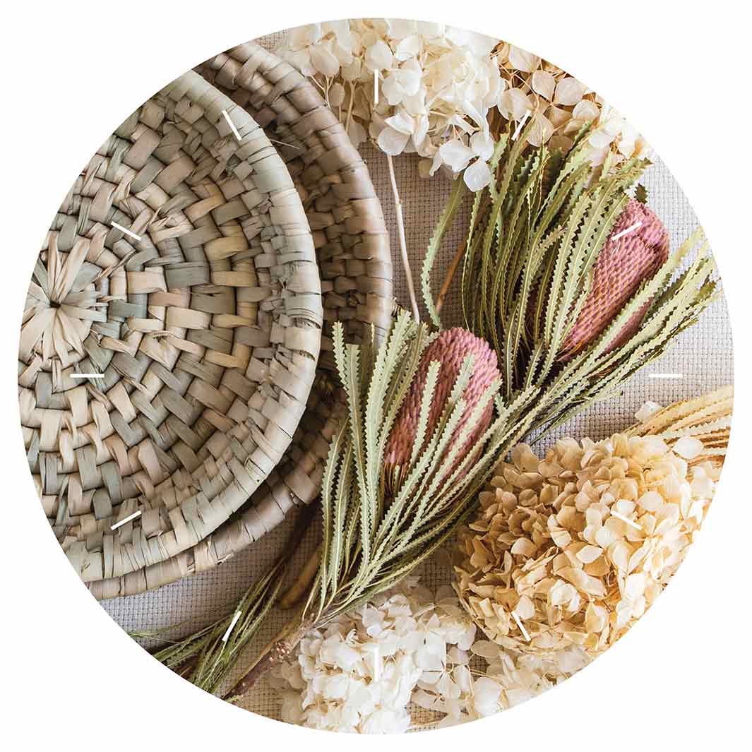 FLORAL CREAM AND GREY BASKET WITH PINK BANKSEAS ROUND CLOCK