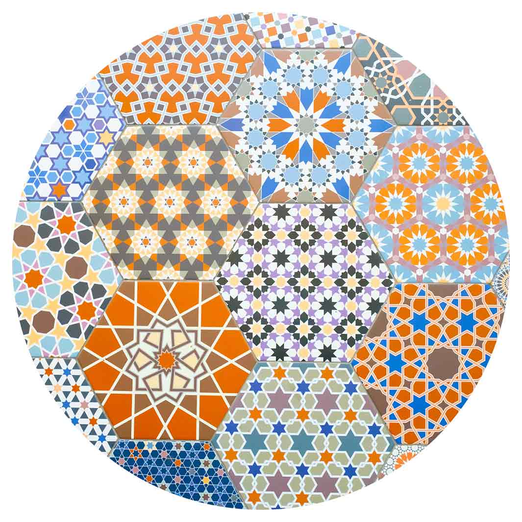 HEXAGON ORANGE AND BLUE PATTERN TILES ROUND COASTER