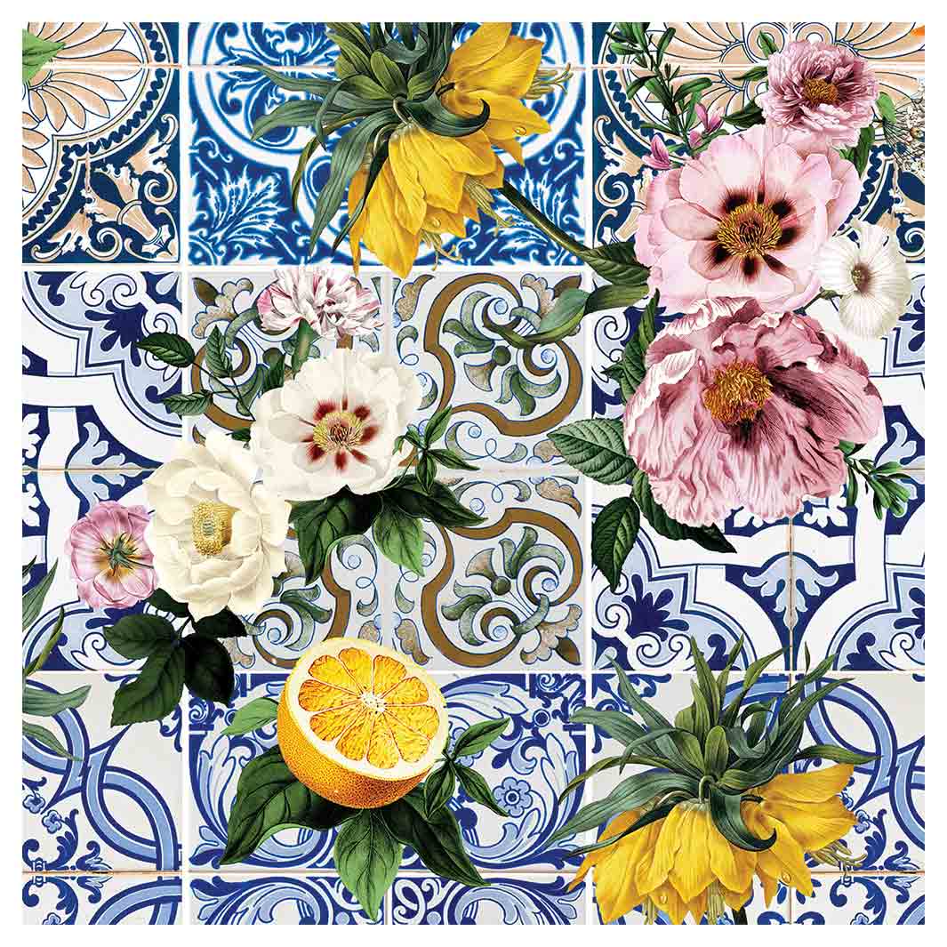 PATTERN BLUE LISBON TILE WITH LEMONS & FLOWERS SQUARE COASTER