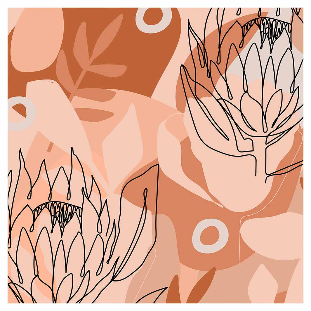 PROTEA LINE ART ON ABSTRACT NEUTRAL DESIGN SQUARE COASTER