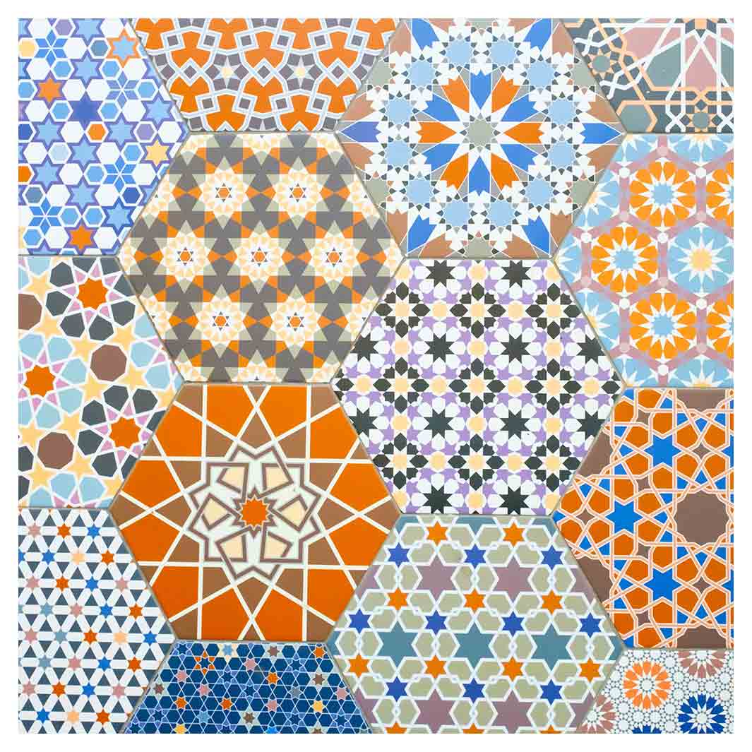 HEXAGON ORANGE AND BLUE PATTERN TILES SQUARE COASTER