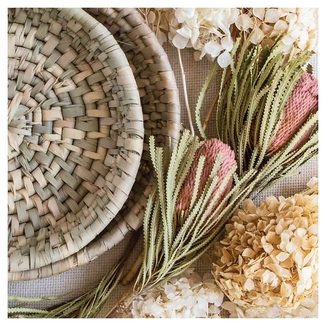 FLORAL CREAM AND GREY BASKET WITH PINK BANKSEAS SQUARE COFFEE TABLE