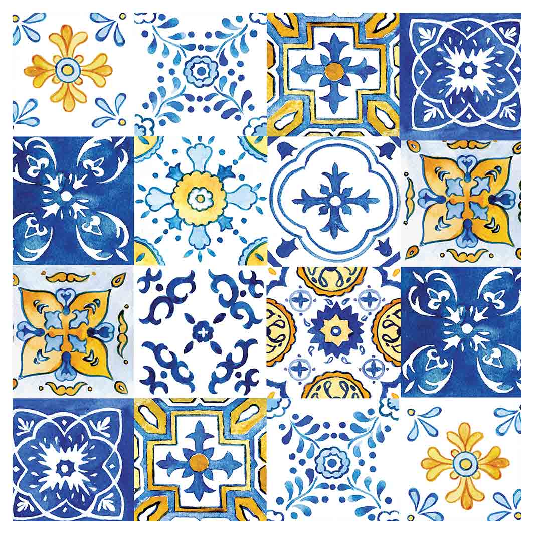 PATTERN BLUE AND YELLOW WATERCOLOUR LISBON TILE SQUARE COFFEE TABLE