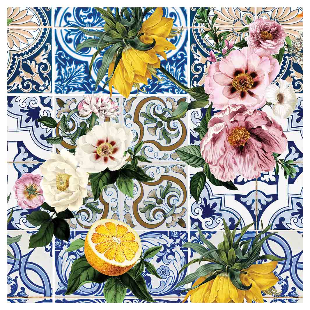 PATTERN BLUE LISBON TILE WITH LEMONS & FLOWERS SQUARE COFFEE TABLE