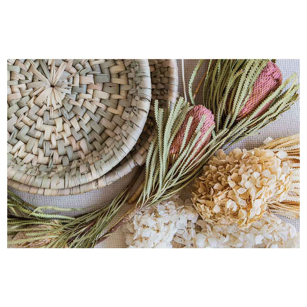 FLORAL CREAM AND GREY BASKET WITH PINK BANKSEAS BATHMAT