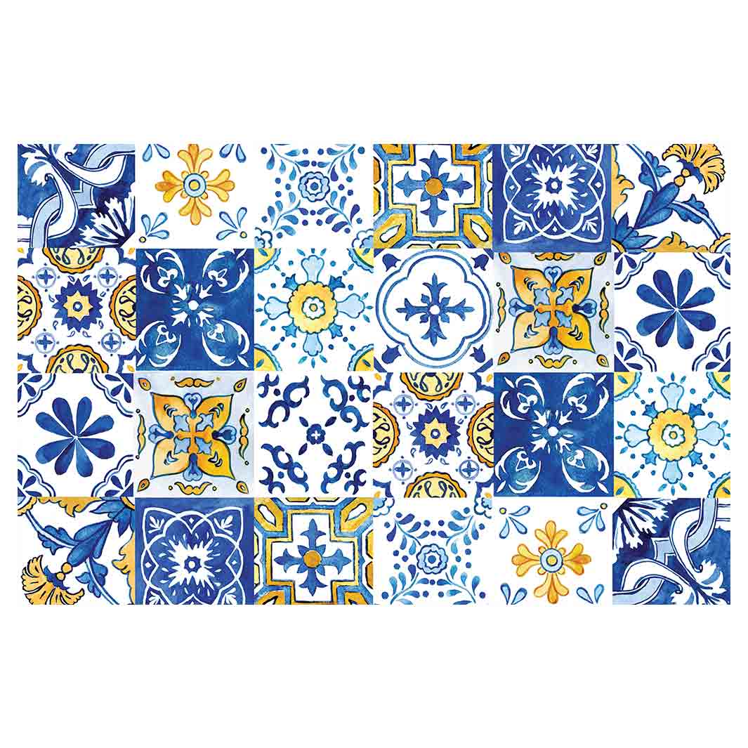 PATTERN BLUE AND YELLOW WATERCOLOUR LISBON TILE BATHMAT