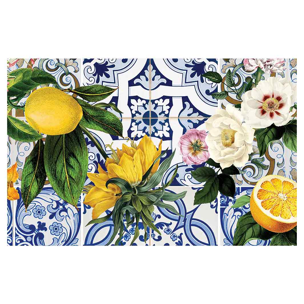 PATTERN BLUE LISBON TILE WITH LEMONS & FLOWERS BATHMAT