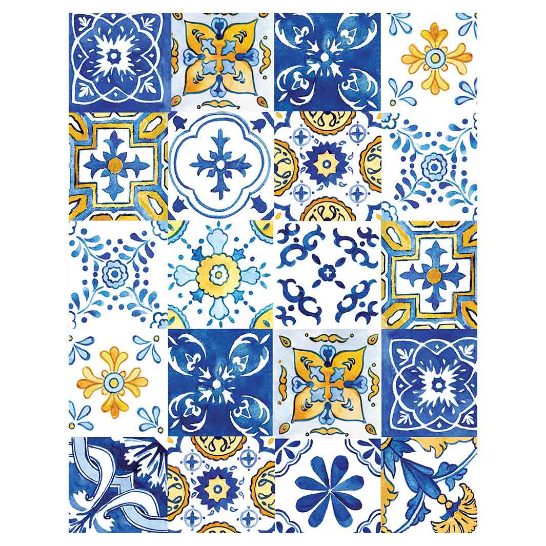 PATTERN BLUE AND YELLOW WATERCOLOUR LISBON TILE FLEECE BLANKET