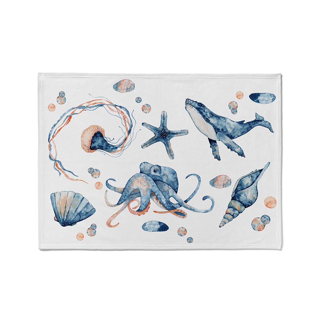 KIDS BLUE AND PEACH WATERCOLOUR SEA CREATURE FLEECE BLANKET