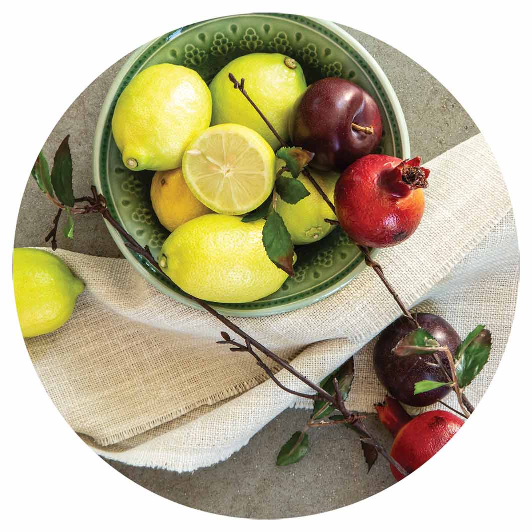 NATURAL RED POMEGRANATES AND LEMONS WITH LINEN POT STAND