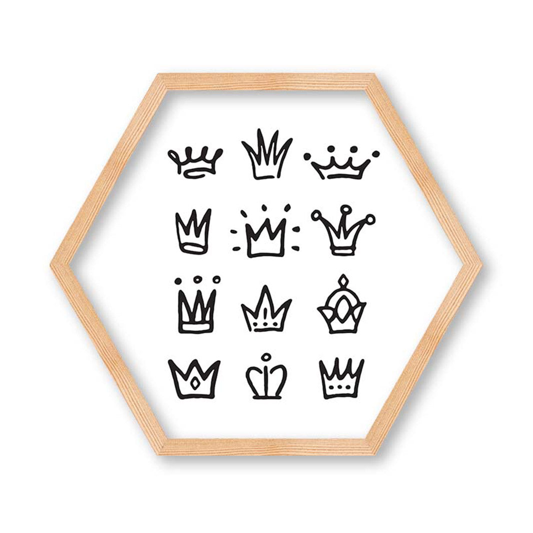 KIDS BLACK AND WHITE CROWNS PATTERN HEXAGON WALL ART