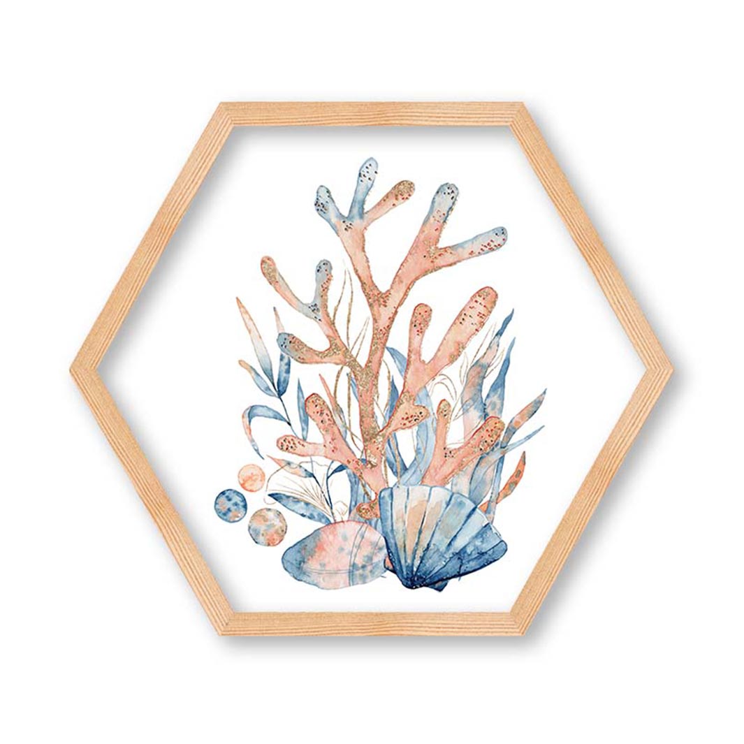 KIDS BLUE AND PEACH WATERCOLOUR CORAL HEXAGON WALL ART