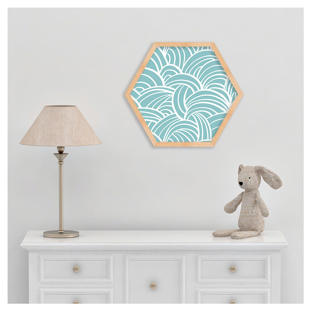 KIDS AQUA BLUE WAVES LINES PATTERN HEXAGON WALL ART