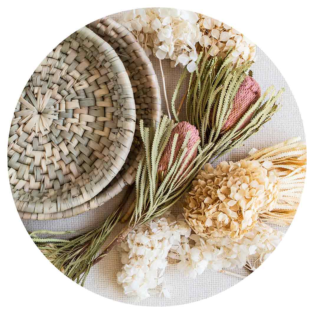 FLORAL CREAM AND GREY BASKET WITH PINK BANKSEAS ROUND PLACEMAT