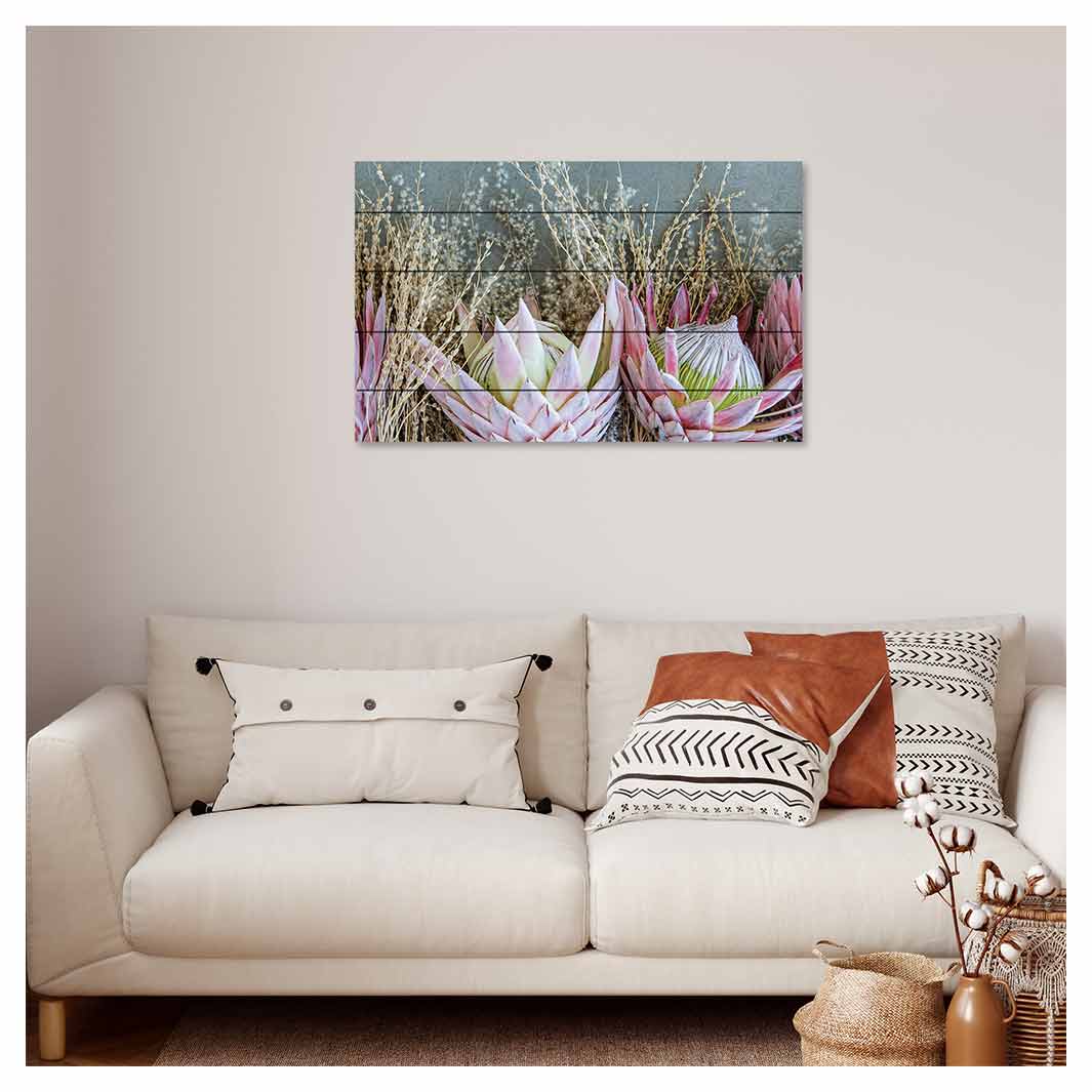 FLORAL DEEP PINK KING PROTEA PINE WOOD PRINT