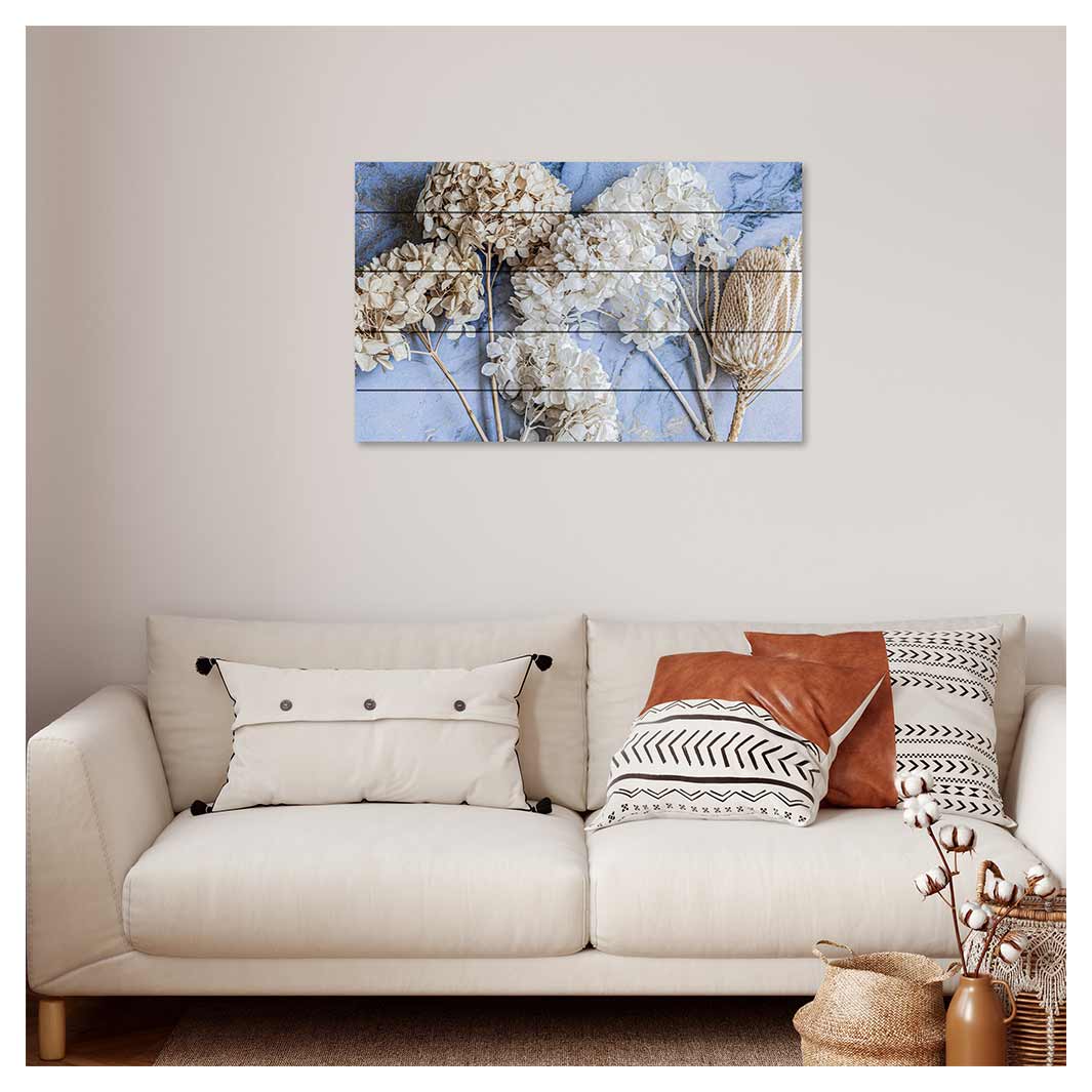 FLORAL CREAM BLEACHED HYDRANGEAS ON BLUE PINE WOOD PRINT