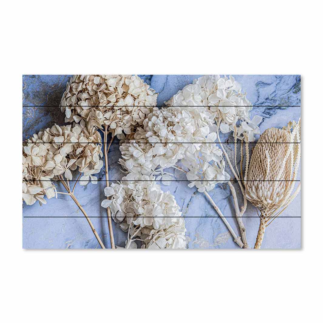 FLORAL CREAM BLEACHED HYDRANGEAS ON BLUE PINE WOOD PRINT