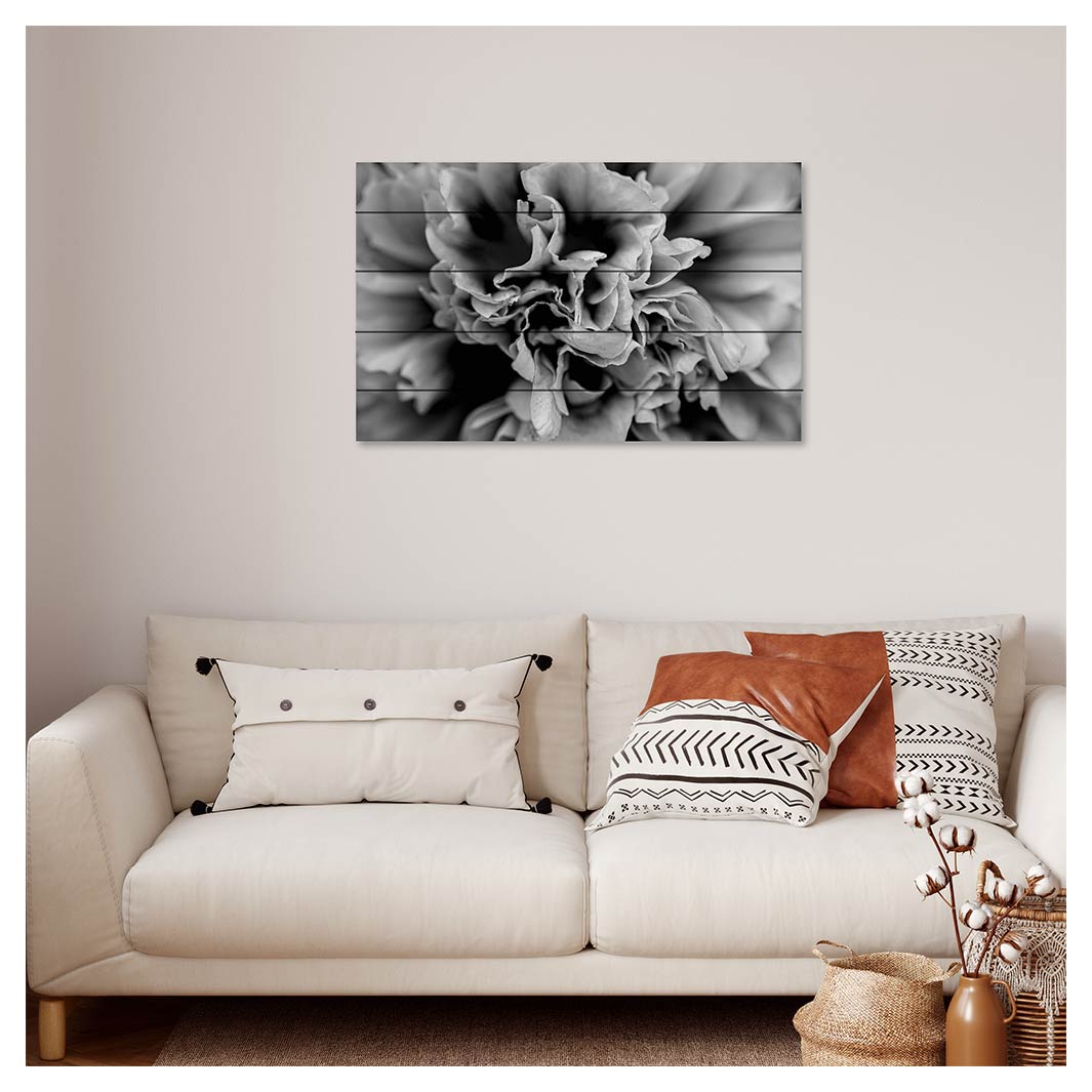 FLORAL BLACK AND WHITE PEONY PINE WOOD PRINT