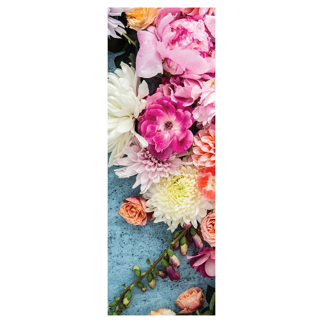 FLORAL PINK PEONY AND DAHLIA BOUQUET ON BLUE RUNNER RUG