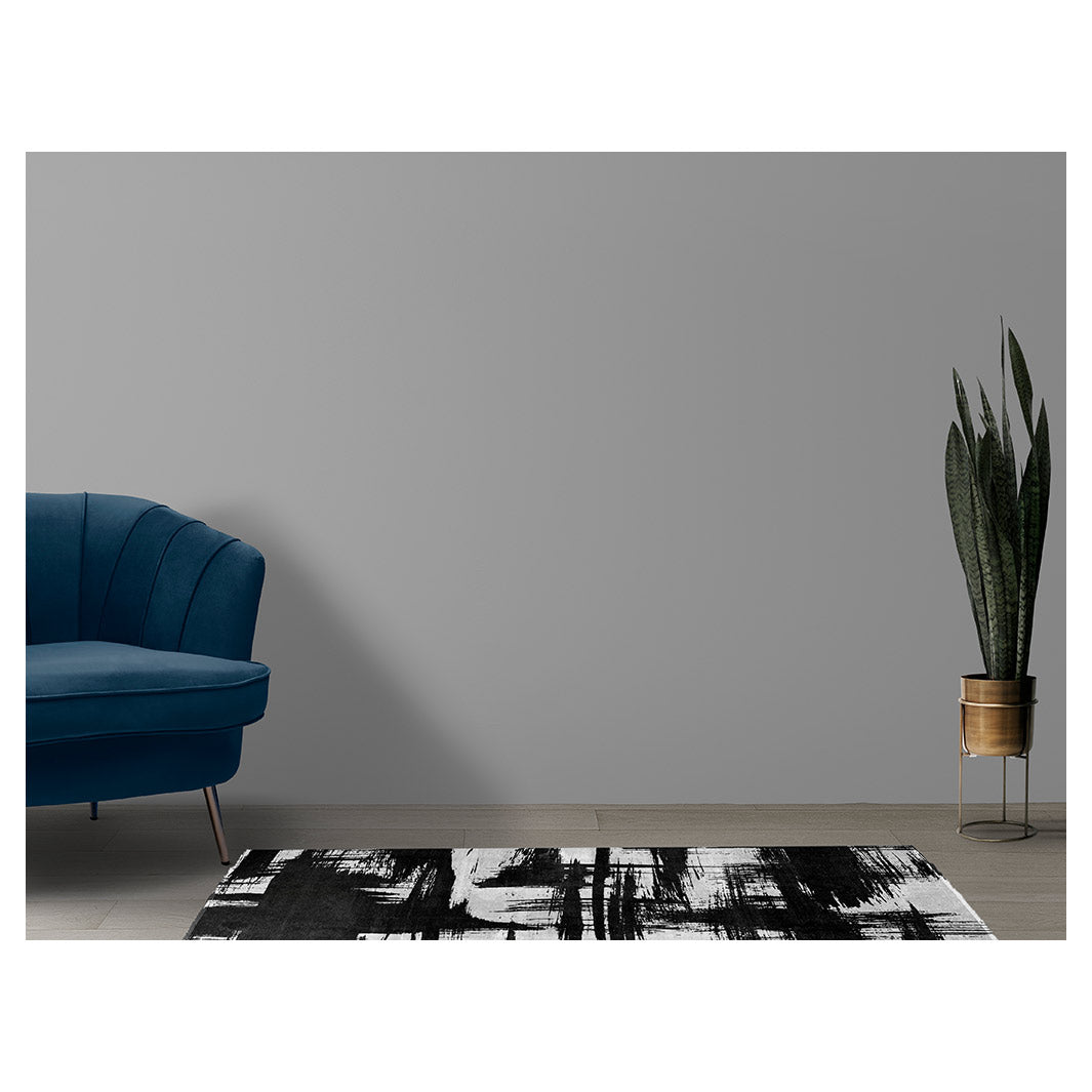 MODERN BLACK INK BRUSH STROKES RUNNER RUG