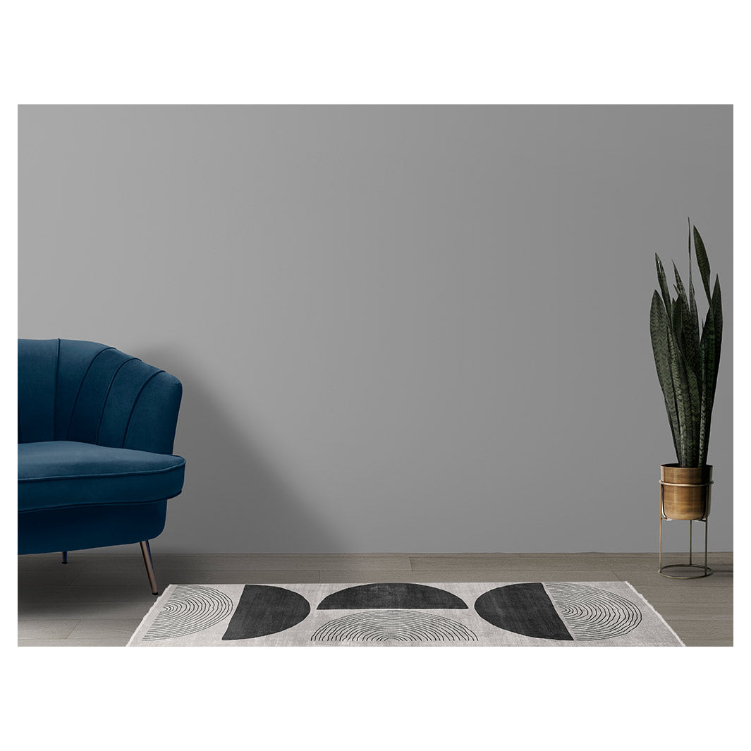 MODERN BLACK MINIMALISTIC ROUND LINE ART RUNNER RUG