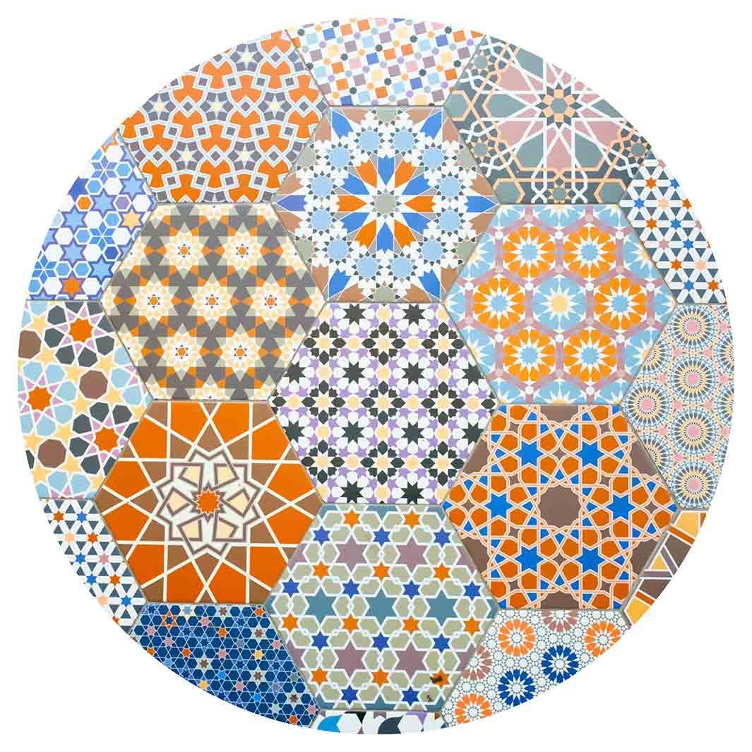 HEXAGON ORANGE AND BLUE PATTERN TILES ROUND RUG