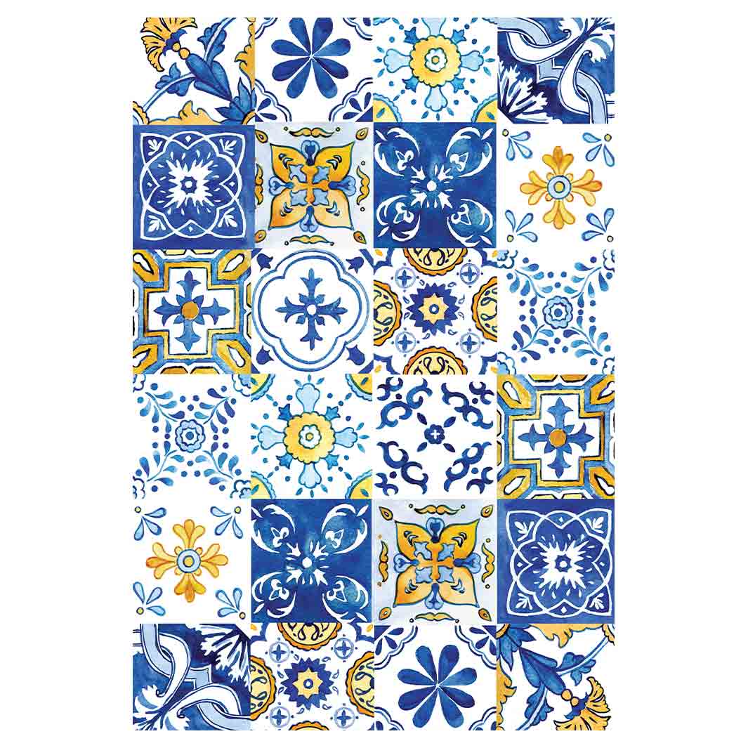 PATTERN BLUE AND YELLOW WATERCOLOUR LISBON TILE RECTANGULAR RUG