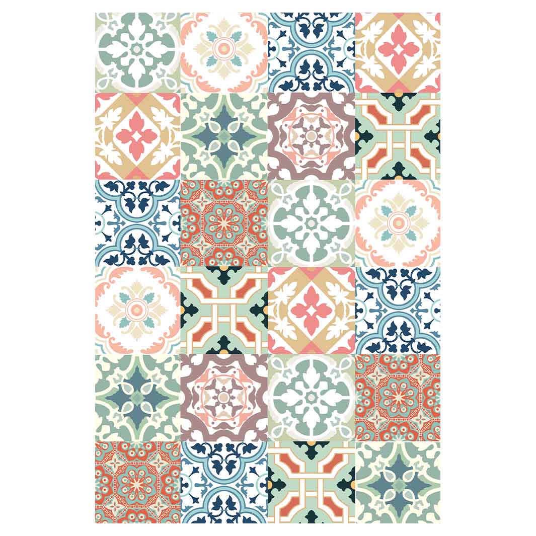 PATTERN TEAL AND ORANGE TILE RECTANGULAR RUG