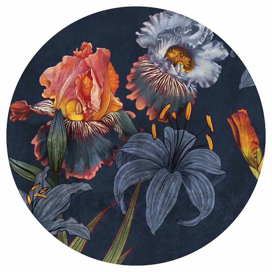 FLORAL NAVY LILIES AND IRIS PAINTING ROUND RUG