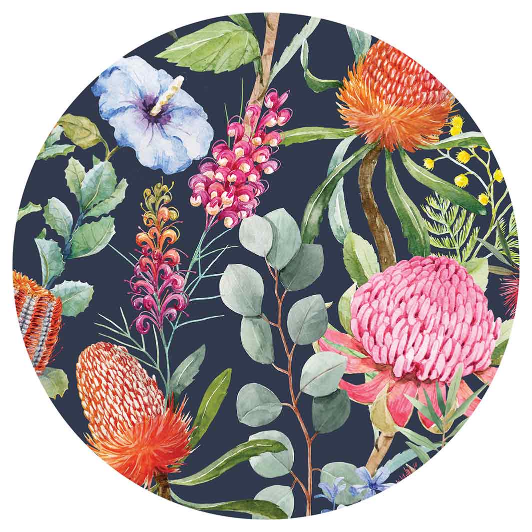 FLORAL NAVY MIXED FLOWERS WITH EUCALYPTUS LEAVES ROUND RUG