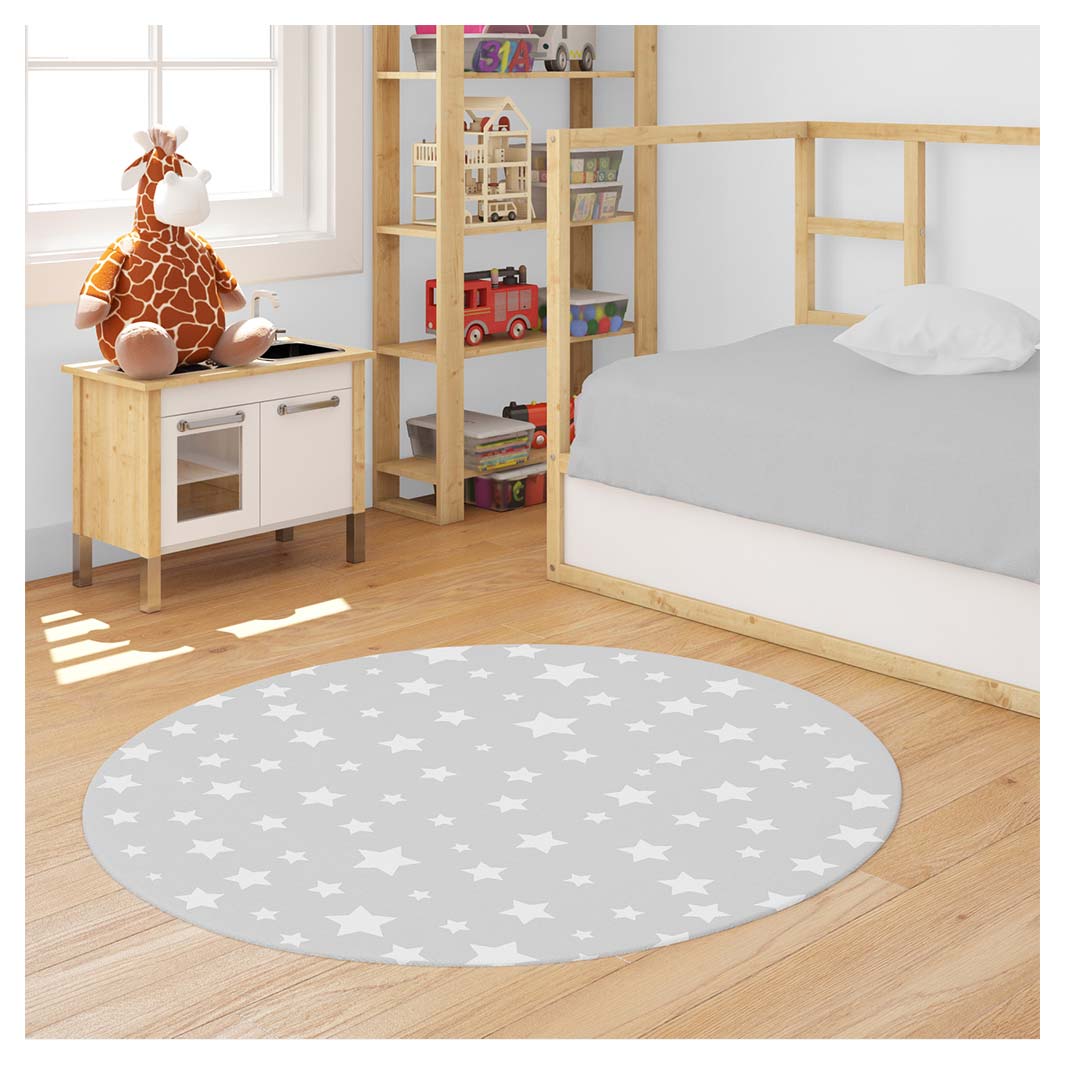 KIDS GREY WHITE STARS PATTERN ROUND RUG