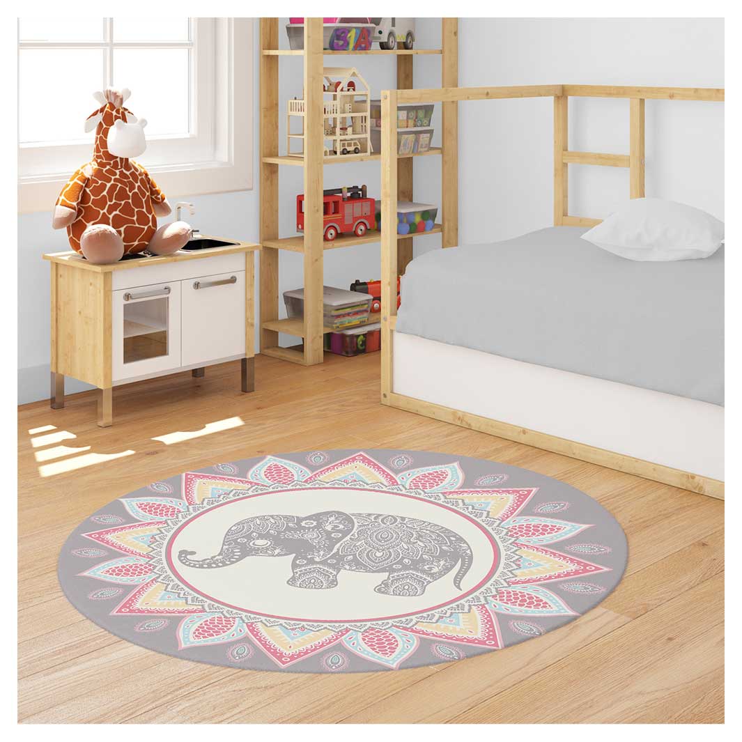 KIDS GREY RED ELEPHANT MOTIF PATTERN ROUND RUG