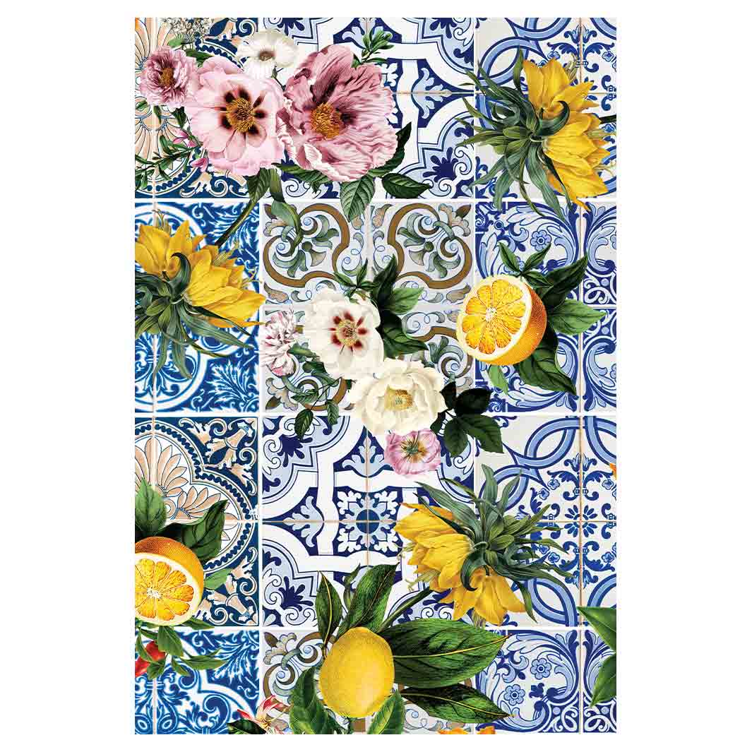 PATTERN BLUE LISBON TILE WITH LEMONS & FLOWERS RECTANGULAR RUG