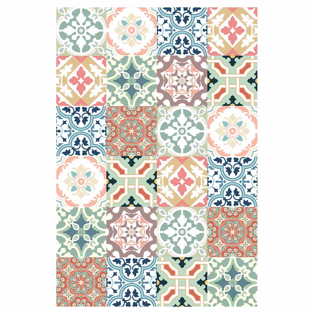 PATTERN TEAL AND ORANGE TILE RECTANGULAR RUG