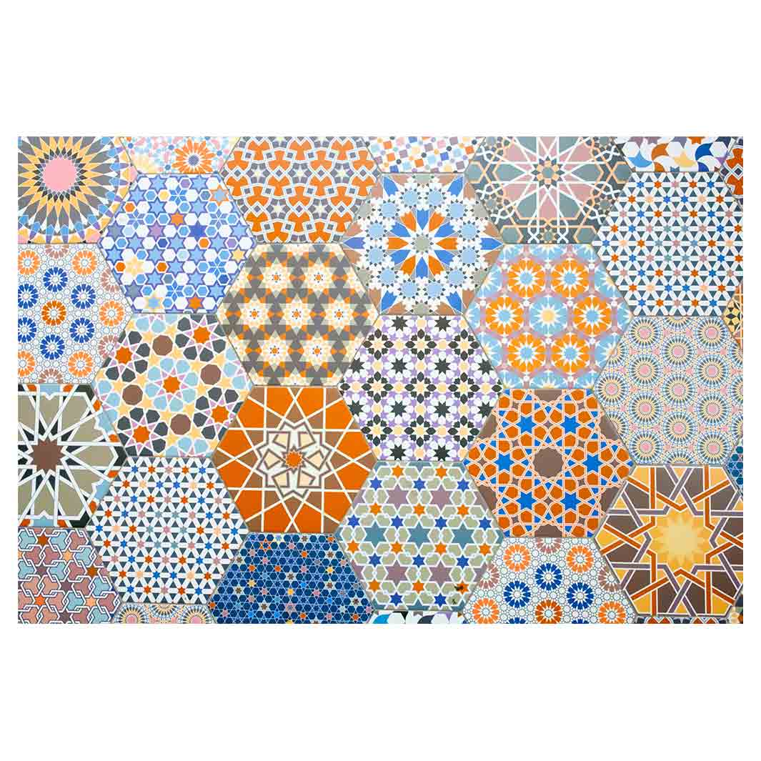 HEXAGON ORANGE AND BLUE PATTERN TILES RECTANGULAR RUG