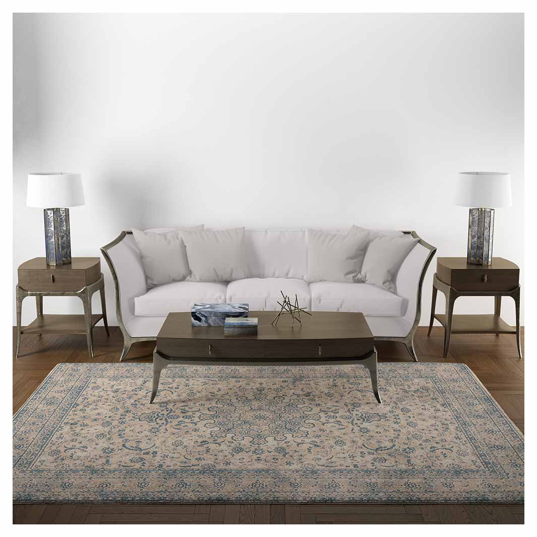 CLASSIC BROWN AND BLUE ORIENTAL PATTERN RECTANGULAR RUG