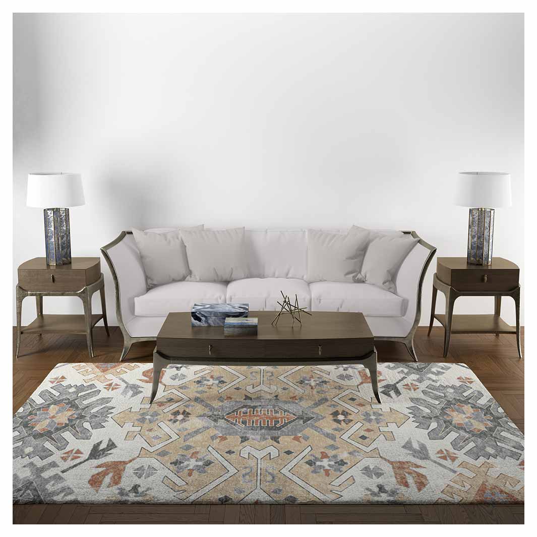 CLASSIC BEIGE AND BLUE TRIBAL GEO RECTANGULAR RUG