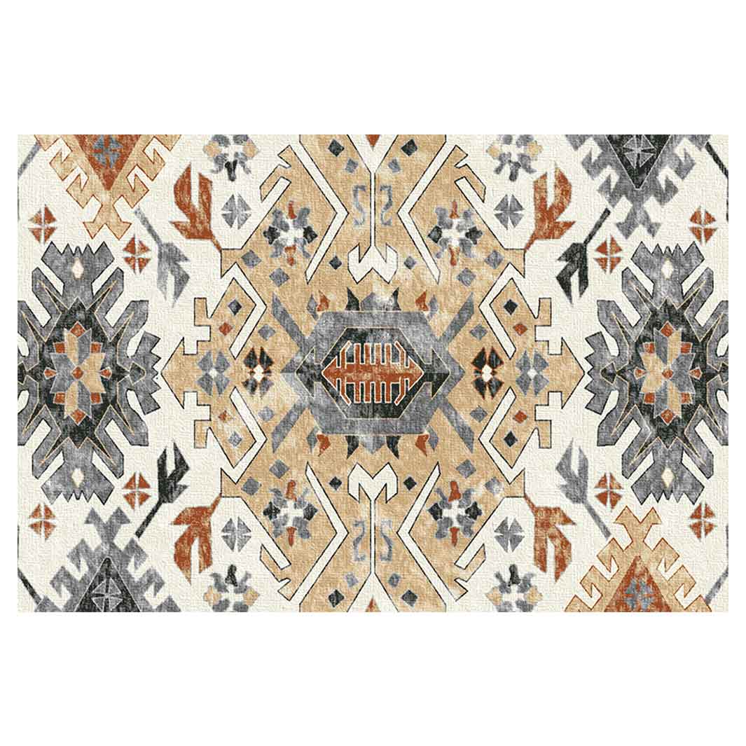 CLASSIC BEIGE AND BLUE TRIBAL GEO RECTANGULAR RUG