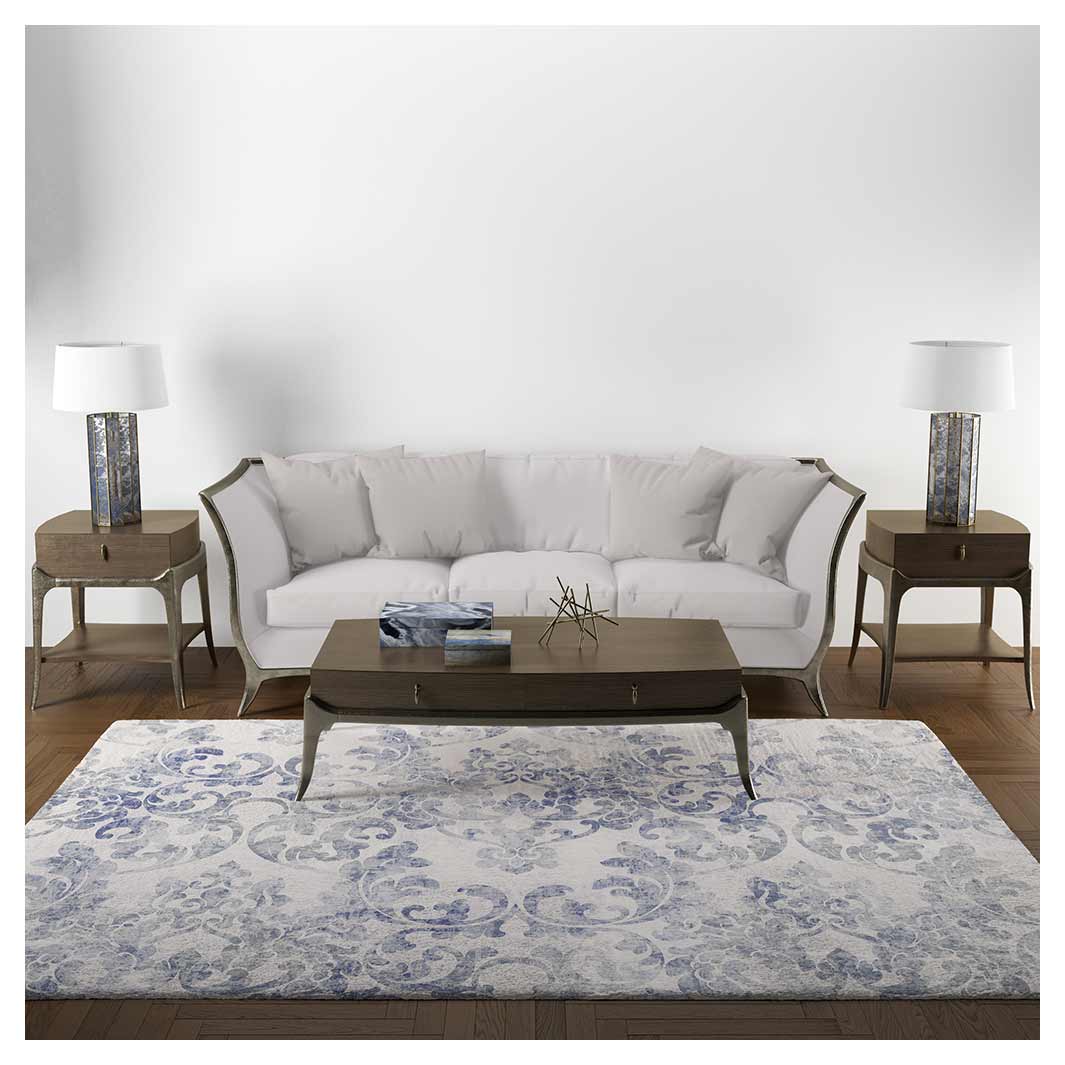 CLASSIC BLUE DAMASK DISTRESSED RECTANGULAR RUG