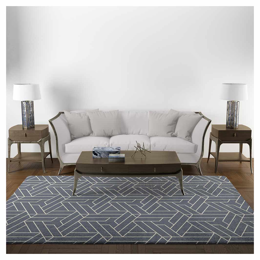 CONTEMPORARY NAVY GEO LINES PATTERN RECTANGULAR RUG