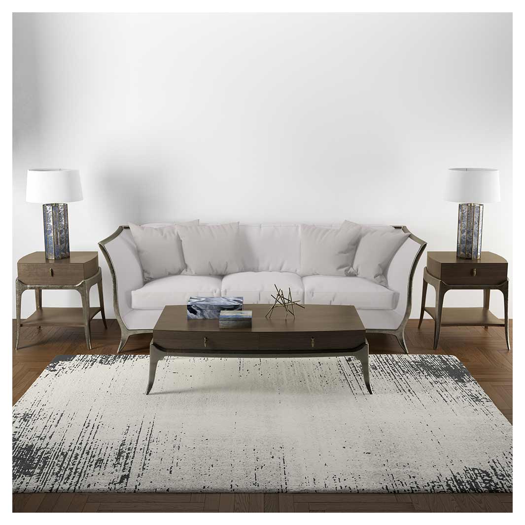 CONTEMPORARY BEIGE AND BLACK INK FRAME DISTRESSED RECTANGULAR RUG