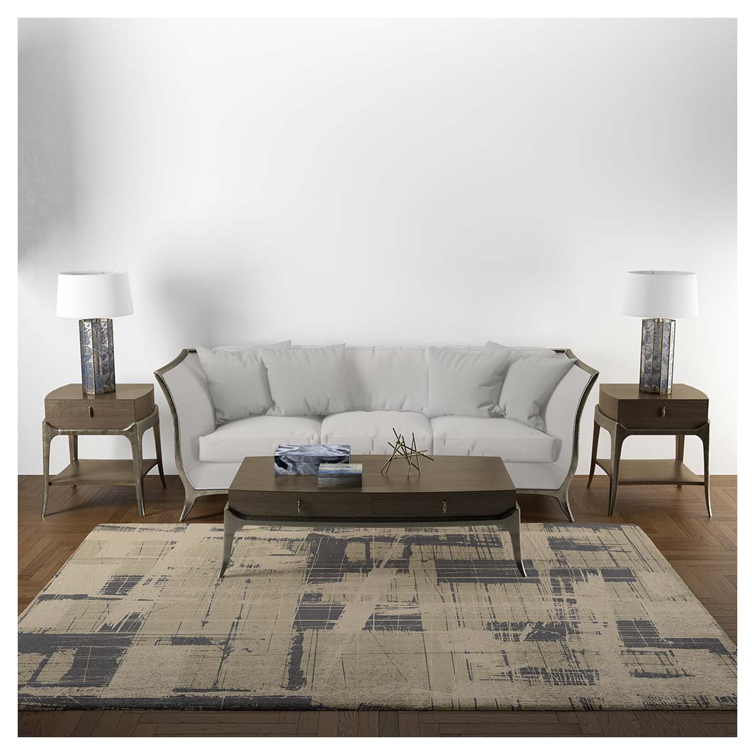 MODERN BEIGE DISTRESSED INK LINES RECTANGULAR RUG