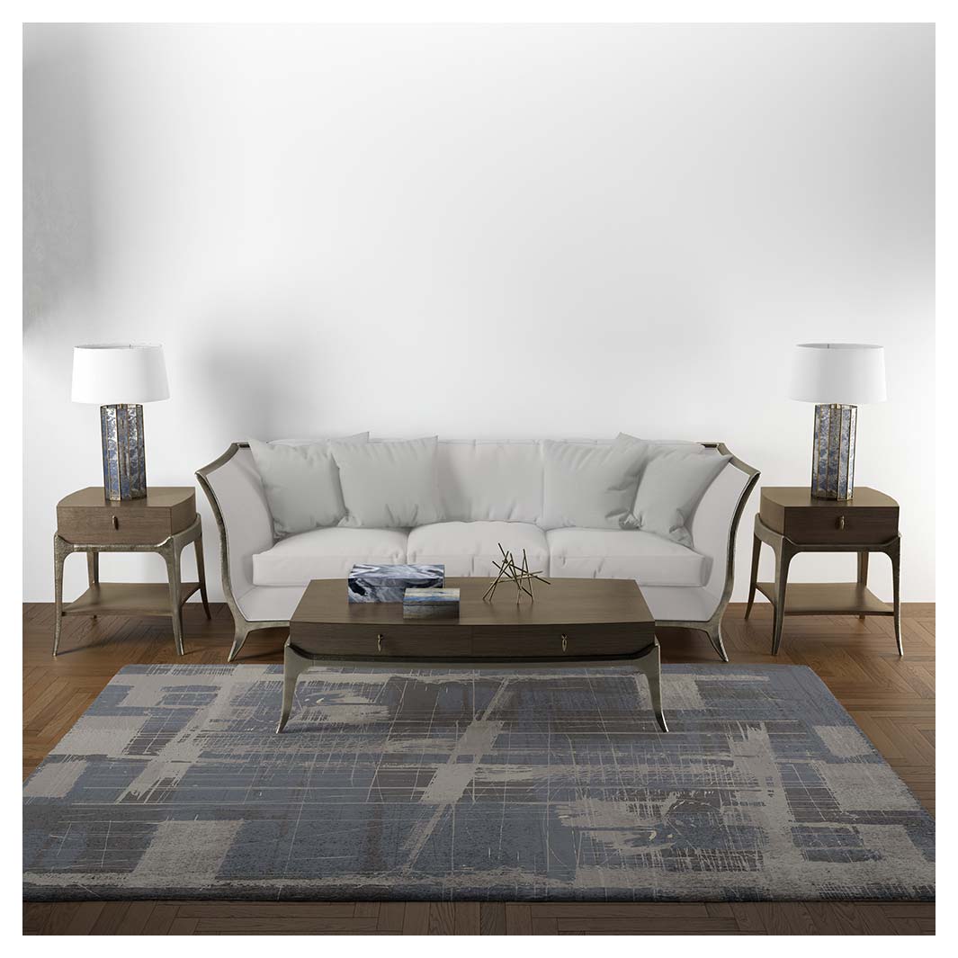 MODERN BLUE DISTRESSED INK LINES RECTANGULAR RUG