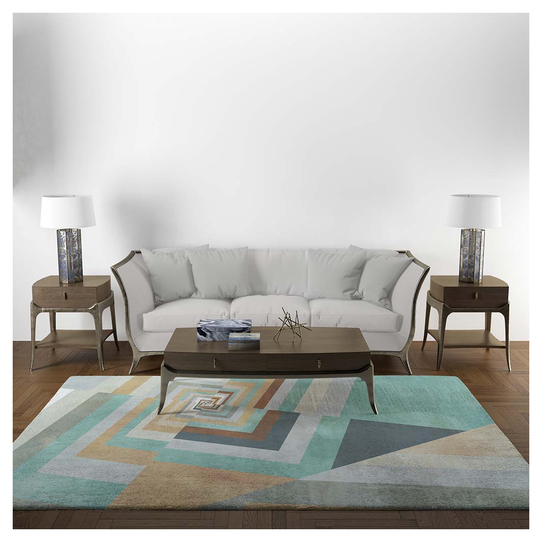 MODERN TEAL GEOMETRIC OPTICAL ART RECTANGULAR RUG