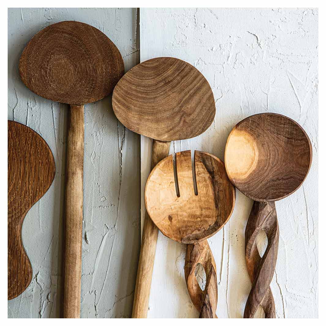 NATURAL BROWN WOODEN SPOONS ON GREY AND WHITE SQUARE SCATTER CUSHION